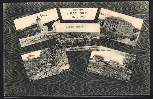 AK Kamenice n. Lipou, Celkový pohled, Hostinec, Skoly