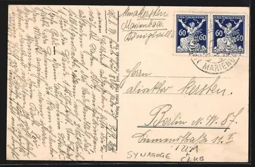 AK Mairenbad, Hauptstrasse mit Cafe Egerländer und Synagoge