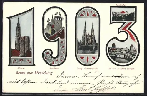 AK Strassburg, Münster, Evangelische Garnisonkirche und Storchnest in Jahreszahl 1903, Passepartout