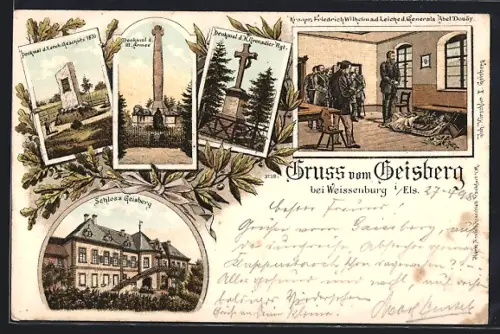Lithographie Geisberg, Schloss Geisberg, Denkmal d. III. Armee, Denkmal d. K. Grenadier Rgt.