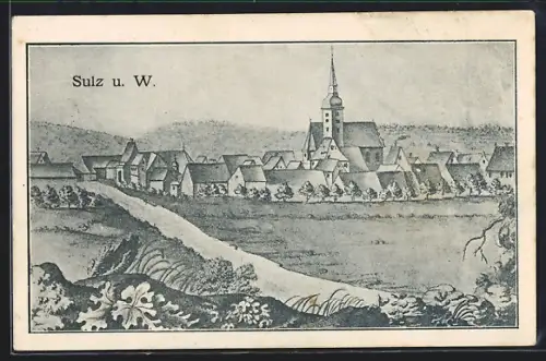 Künstler-AK Sulz u. W., Teilansicht mit Kirche
