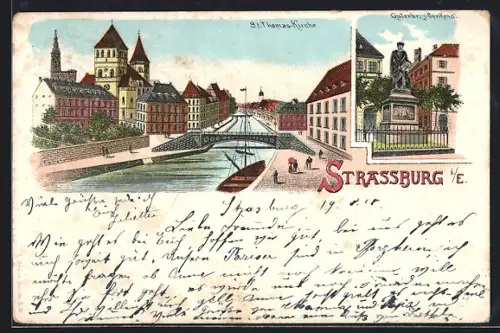 Lithographie Strassburg i. E., St. Thomas-Kirche, Gutenberg-Denkmal