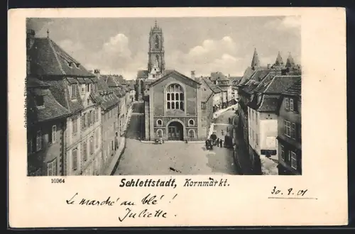 AK Schlettstadt, Kornmarkt mit Kirche