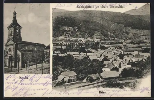 AK Rüss, Teilansicht und Schlachtfeld im obern Breuschtal, Kirche