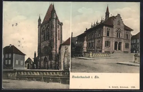 AK Niederhaslach i. Els., Kirche, Rathaus mit Denkmal