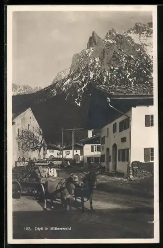 AK Mittenwald, Idylle mit Pferdegespann und Gebirgspanorama