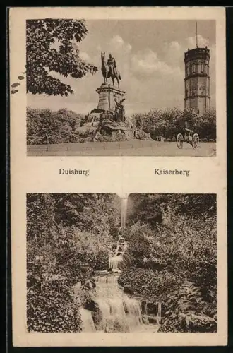 AK Duisburg, Kaiserberg, Reiterdenkmal, Turm, Wasserfall