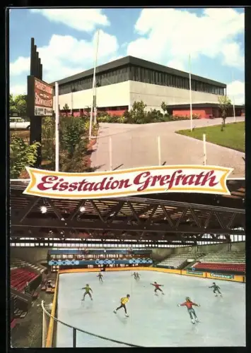 AK Grefrath, Eisstadion, Aussenansicht und Innenansicht mit Eisläufern