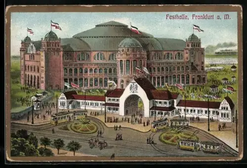 Künstler-AK Frankfurt-Westend, Festhalle mit Strassenbahnen aus der Vogelschau