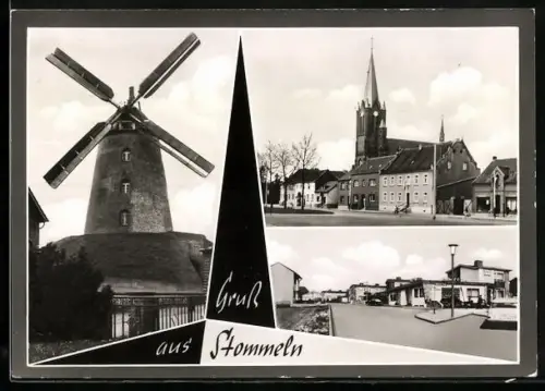 AK Stommeln, Windmühle, Kirche, Ortspartie