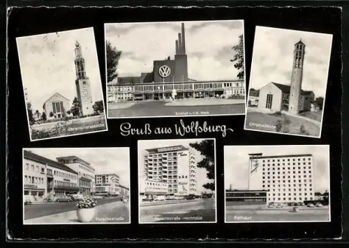 AK Wolfsburg, Hauptbahnhof u. VW-Werk, Christuskirche, Porschestrasse, Rathaus