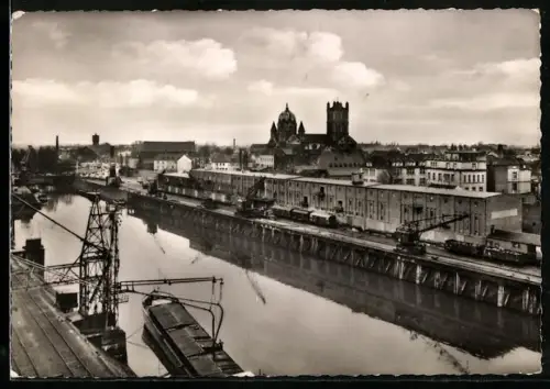 AK Neuss, Hafen, Kirche, St. Quirinus, Rheinufer mit Krananlagen