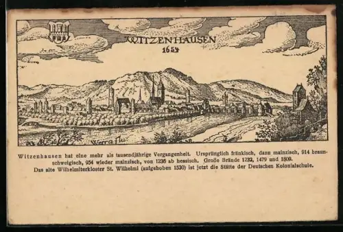 Künstler-AK Witzenhausen, Stadtansicht 1654, Wappen