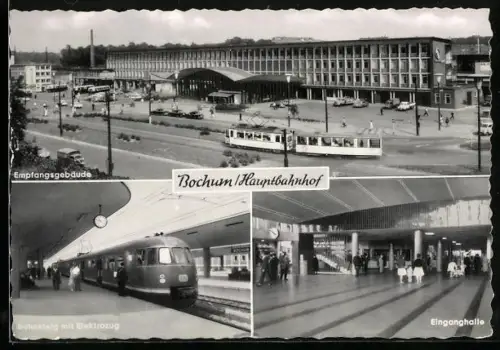 AK Bochum, Hauptbahnhof, Gebäude mit Strassenbahn, Bahnsteig mit Elektrozug, Eingangshalle