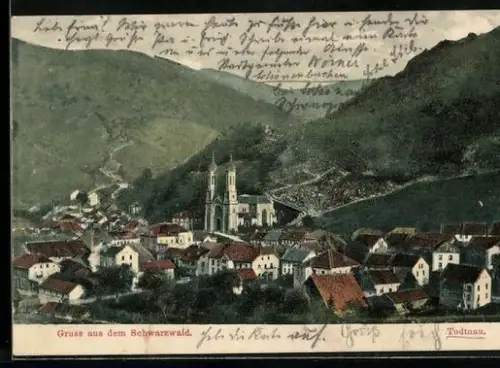 AK Todtnau, Ortsansicht mit Kirche und umliegenden Bergen