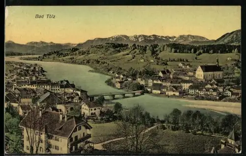 AK Bad Tölz, Stadtansicht mit Isar und Brücke