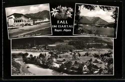 AK Fall im Isartal, Hotel Jäger von Fall, Sylvensteinsee mit Neu-Fall, ehem. Dorf Fall
