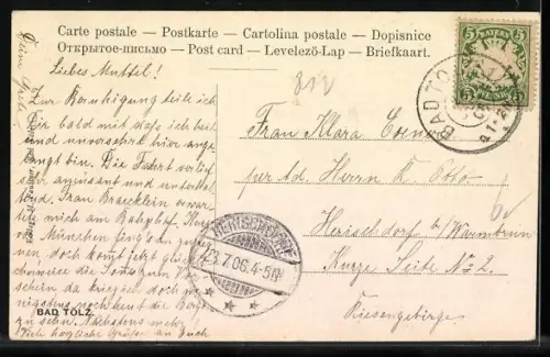 AK Bad Tölz, Stadtansicht mit Isar und Brücke