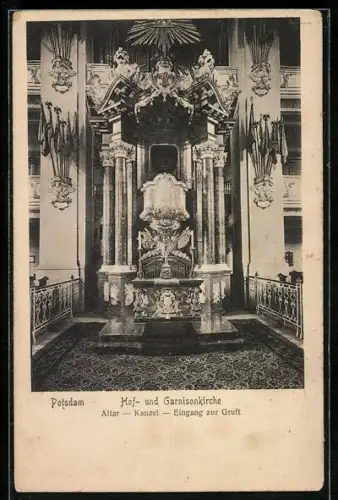 AK Potsdam, Hof- und Garnisonkirche, Altar, Kanzel, Eingang zur Gruft