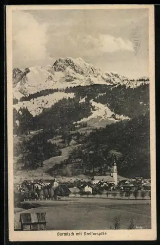 AK Garmisch, Dreitorspitze, Ortsansicht, Kirche