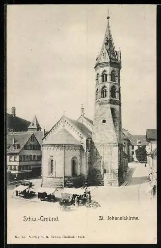 AK Schwäbisch Gmünd, St. Johanniskirche und Marktstände aus der Vogelschau