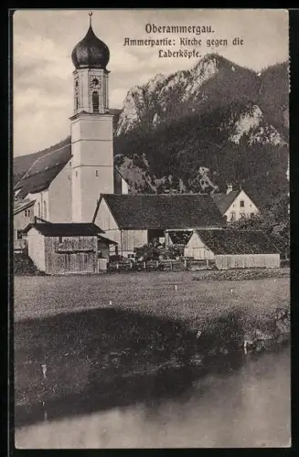 AK Oberammergau, Ammerpartie: Kirche gegen die Laberköpfe