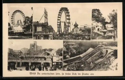 AK Wien, Wiener Prater, Riesenrad, Geisterschloss, Kino, Hochschaubahn, 5 Ansichten