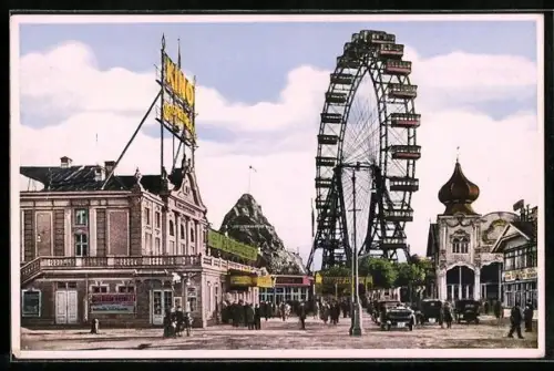 AK Wien, Prater, Riesenrad, Hochschaubahn und Kino Lustspieltheater