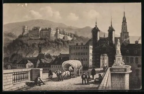 Künstler-AK Heidelberg, Alte Neckarbrücke mit Blick auf das Schloss