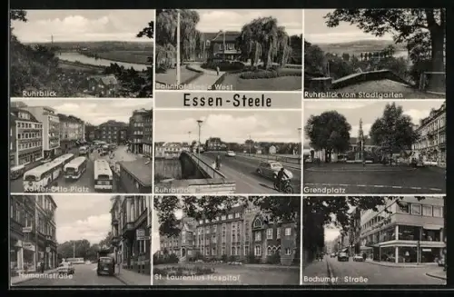 AK Essen-Steele, Humannstrasse mit Geschäften, Bahnhof Steele West, Kaiser-Otto-Platz