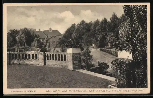 AK Essen-Steele, Anlage am Ehrenmal mit Stadtgarten-Restaurant