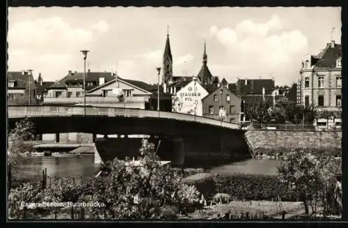 AK Essen-Steele, Ruhrbrücke mit Geschäftshaus Stauder Pil