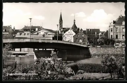 AK Essen-Steele, Ruhrbrücke mit Geschäftshaus Stauder Pil