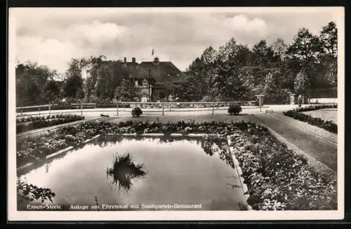 AK Essen-Steele, Anlage am Ehrenmal mit Stadtgarten-Restaurant