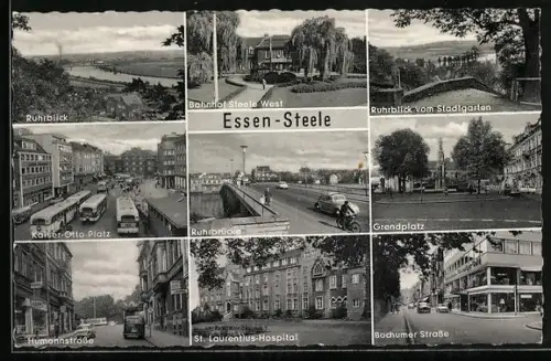 AK Essen-Steele, Bochumer Strasse mit Geschäft, Humannstrasse mit Geschäft, Ruhrbrücke