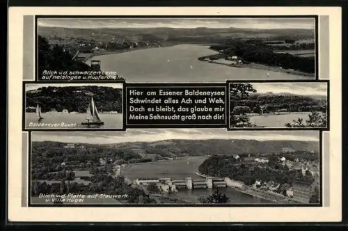 AK Essen, Blick von der schwarzen Lene auf Heiseingen und Kupferdreh, Baldeneyer Bucht, Villa Hügel