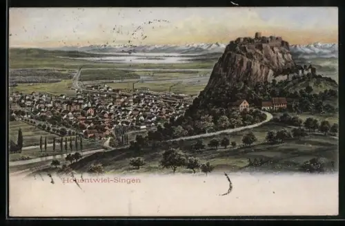 Künstler-AK Singen, Hohentwiel, Stadtansicht und Burgruine