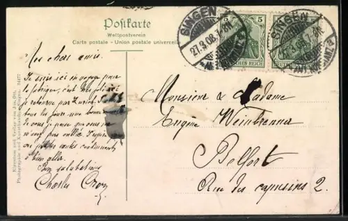 Künstler-AK Singen, Hohentwiel, Stadtansicht und Burgruine