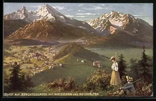 Künstler-AK Berchtesgaden, Blick auf den Ort mit Watzmann und Hochkalter