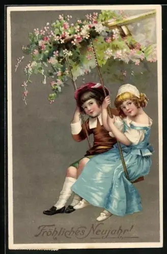 AK Kleines Paar auf einer Schaukel mit Blumen, Neujahrsgruss