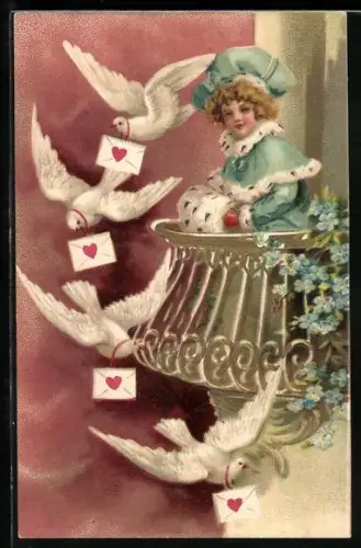 AK Mädchen auf Balkon mit weissen Tauben