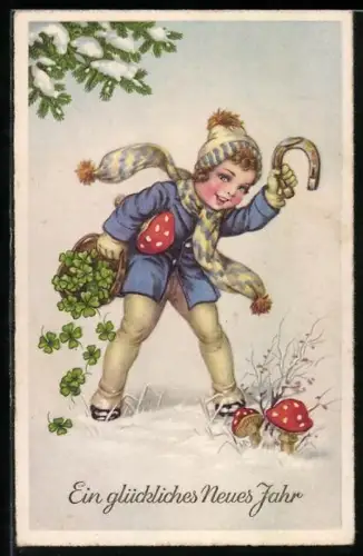 AK Kind mit Glücksklee, Fliegenpilzen u. Hufeisen im Schnee, Neujahrsgruss