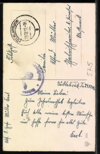 AK Kind mit Glücksklee, Fliegenpilzen u. Hufeisen im Schnee, Neujahrsgruss