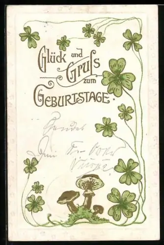 Präge-AK Pilze und Glücksklee, Geburtstagsgruss