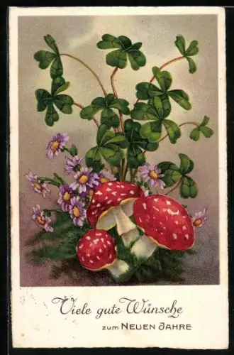 AK Glücksklee und Fliegenpilze, Neujahrsgruss