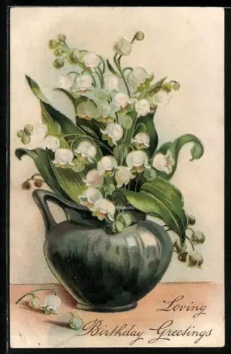 Präge-AK Vase mit Maiglöckchen, Geburtstagsgruss