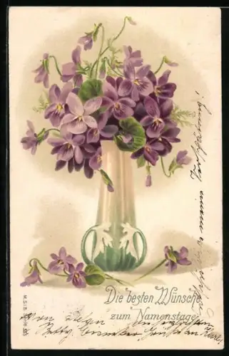 Präge-AK Glasvase mit Veilchen, Namenstagsgruss
