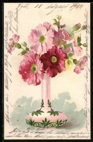 AK Vase mit Blattmuster und rosaroten Blumen