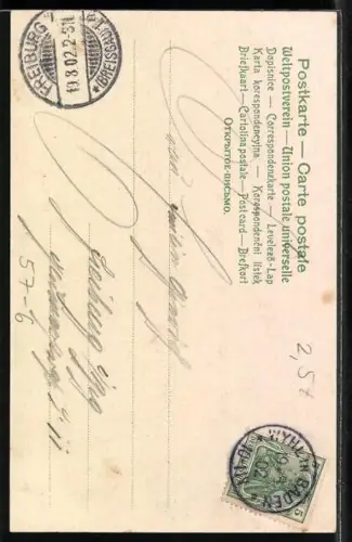 AK Vase mit Blattmuster und rosaroten Blumen