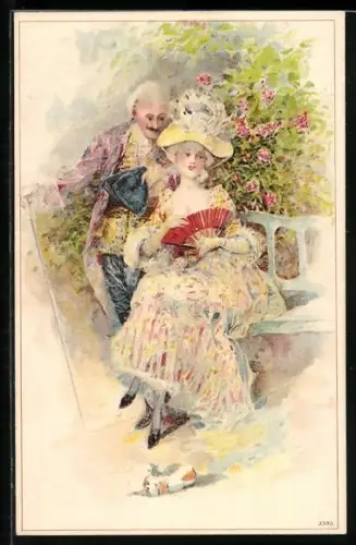 AK Rokoko-Paar im Garten, Dame mit Fächer, Hund